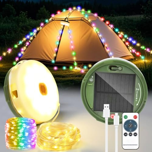 GEYUEYA Home Stowable String Lights 20M / 65FT, Solar Camping String Lights Reel, USB Rechargeable,3600mAh, Retractable Solar Camping Lights for Tents Tent, RV, Yard, Party,Warm White+Multicolor