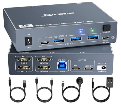Switch KVM 2 monitor per 1 laptop e 1 desktop 4K a 60Hz, USB C HDMI Dual Monitor KVM Switch, docking station KVM switch con 4 porte USB 3.0, ricarica PD da 80 W, telecomando cablato e cavo USB-C