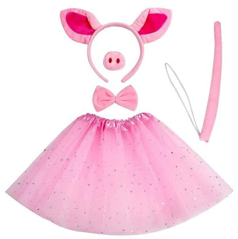 GWAWG 5PCS Set de Costume de Cochon,Nœud Papillon Queue Oreilles de Cochon Jupe Tutu,serre-tête oreilles de cochon,nez de cochon,queue de cochon,nœud papillon,jupe tutu rose pour Enfants