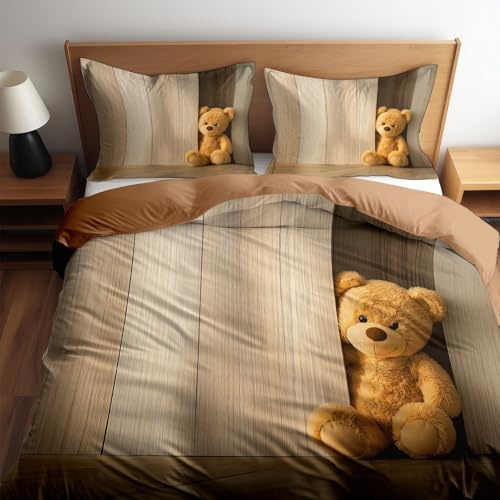 Generisch Cartoon Bettwäsche Teddybär Puppen Vor Holzwand Bettbezug 135 x 200 cm, Beigebraun Bettwäsche Weich Atmungsaktiv Betten Set 2 teiligs Kinderbettwäsche mit Kissenbezug 80 x 80 cm
