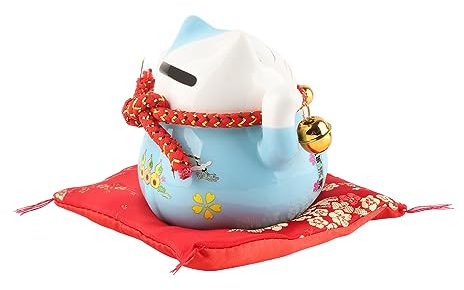 Lucky Cat Ceramic Money Box, Maneki Neko Feng Shui Coin Bank, Desk Decoration (Blue)