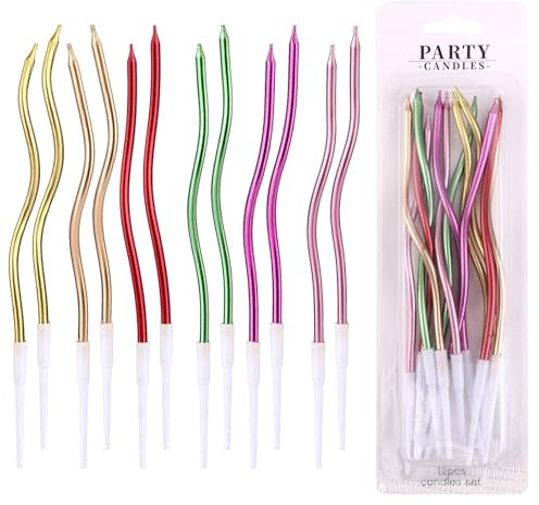 lasuroa 12stk Spiral Kuchen Kerzen, Lange Schlanke Geburtstagskerzen Spiralkerzen Mottoparty Cupcake-Dekoration mit Ständer für Geburtstag Hochzeit Jahrestag (Bunt)