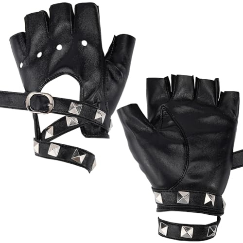 CALFOVERA Fingerlose Handschuhe aus PU-Leder, für Outdoor-Sport, Retro, Punk, Gothic, Cosplay, Halbfinger-Handflächen-Handschuhe mit Nietengürtel für Damen und Herren, Performance-Kostüm, Fahren