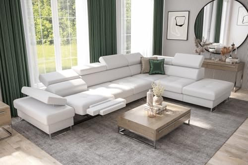 Friderik Ecksofa Galaxy Relax mit Schlaffunktion, 225×350, Kunstleder MADRIT, Bettkasten, Relaxfunktion, verstellbaren Kopfstützen & Armlehne (Weiß, Rechts)