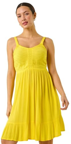 Roman Originals Strappy Shirred Sundress for Women UK - Ladies Everyday Holiday Spring Summer Sweetheart Neckline Comfy Soft Evening Vacation Work Party - Yellow - Size 14