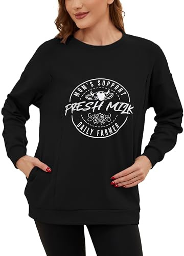 Love2Mi Stillpullover Damen Stillshirt mit Unsichtbarer Reißverschluss | Langarm,Rundhals,Lässig,Stillen Umstandsmode Mit Tasche,Weich, Bequem, Diskretes Stillen