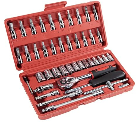 46PCS Socket Wrench Set,Drive Ratchet Wrench Bits & Driver,Metric Drive Socket Wrench Ratchet Kit,with Extension Bars/Quick Release Reversible Ratchet for DIY/Car Repair/Household