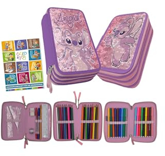 PASO - Federmäppchen 3 Fächer - Mäppchen für Mädchen - Federmappe 3-Fach Federtasche Gefüllte Schüleretui Schulmäppchen und Hausaufgabenheft - Stitch Wendepailletten