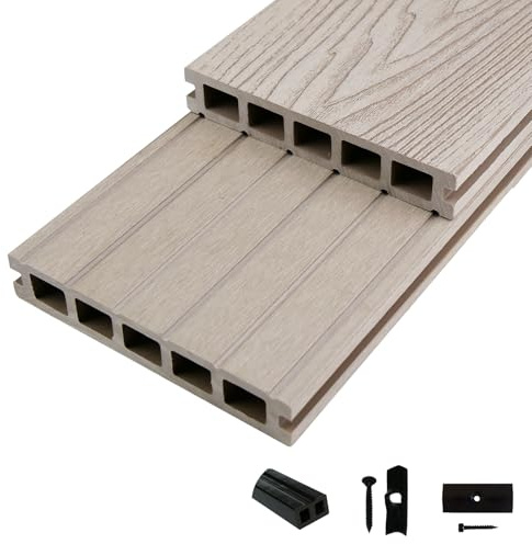 Woodstore24 WoodoMykonos Komplettset 2,4 m - Grau - Terrassendiele - 5-Kammer System - Rutsch- & Wetterfest - Breite: 145 mm, Stärke: 25 mm - 5 m²