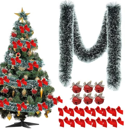 10M Guirnalda de Navidad Onlvmyur Guirnalda Navidad Verde Artificial Guirnaldas de Oropel con Lazo y Campanas Decoraciones