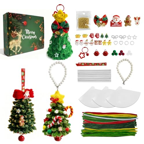 Xezzjavz Weihnachts-Pfeifenreiniger zum Basteln, Weihnachtsbaum-Anhänger, Chenille-Stiel-Set, Pfeifenreiniger-Set mit niedlichen Accessoires und Geschenkbox, geeignet für Weihnachtsgeschenke