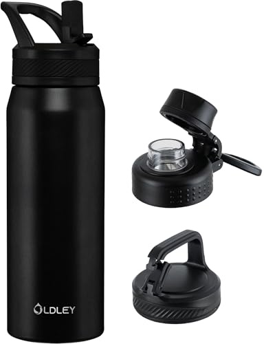 OLDLEY 750ml Insulated Water Bottle with Straw, Stainless Steel Water Bottles with 3 Lids & Handle, BPA Free Leakproof Thermal Metal Drink Flask Keep Hot and Cold for Sports, Gym, Hiking (Black)