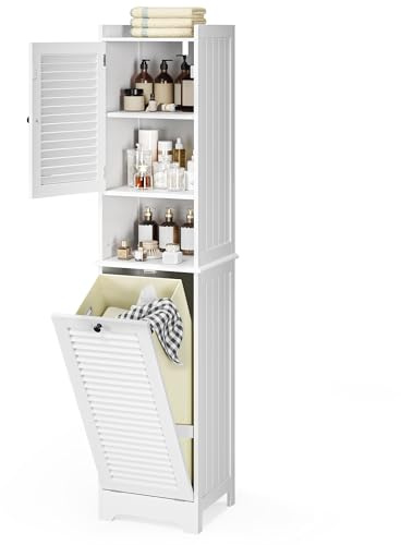 Xbro Mobile Salvaspazio Alto da Bagno con 2 Ante a Lamelle, 3 Ripiani e Cesto Portabiancheria, Multiuso per Cucina, Soggiorno e Bagno, 40x37x170 cm, Bianco