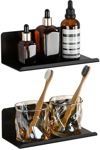 SAYAYO Black Floating Shelves 20CM, Adhesive or Screws Fixing | Small Shelf for Wall Picture Book Display Shelves for Living Room, Bedroom, Bathroom, Kitchen, No Drilling, 2 PACK