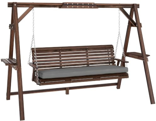 Outsunny 3 Seater Garden Swing Seat Wooden Swing Bench Carbonised Brown | Cushion, Side Trays, Metal Chains, Outdoor Porch Patio