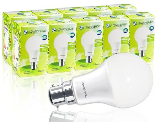 LOWENERGIE LED Light Bulbs 10W Bayonet B22 Day White 6000K A60 GLS Lamps – Pack of 10 Energy-Saving Everyday Lighting [Energy Class F]