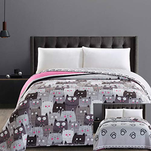 DecoKing copriletto trapuntato in microfibra, double-face, trapunta, facile da pulire, grigio acciaio antracite grafite nero bianco rosa gatti Cats' Invasion., Cats' Invasion, 240x260 cm