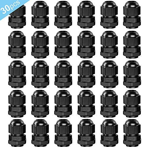 FULARR 30Pcs Premium Nylon PG9 Cable Gland, 4～8mm Adjustable IP68 Waterproof Cable Glands Joints, Waterproof Cable Gland Connector with Gaskets (Black)