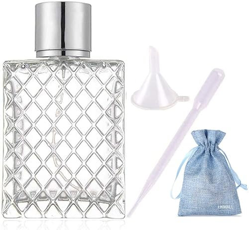 Botella de spray de vidrio de 4 onzas para aceites esenciales, perfumes, botella vacía con pulverizador de aluminio plateado (1 unidad) 1 paquete de relleno de embudo gratis 1 unidad de gotero de 3