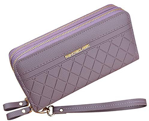 Portefeuille pour Femme avec Double Fermeture éclair Portefeuille Portefeuille en Cuir PU pour Femme Portefeuille à Longue Pochette Grande Capacité Portefeuille Bracelet (Pourpre1)