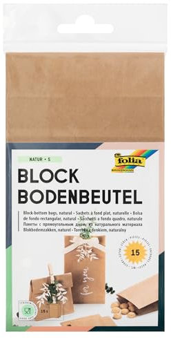folia 41110 - Braune Papiertüten mit Blockboden, lebensmittelechte Blockbodenbeutel aus Kraftpapier, 15 Stück, ca. 17,5 x 10 x 5,5 cm groß, zum Verpacken von Keksen und Süßigkeiten