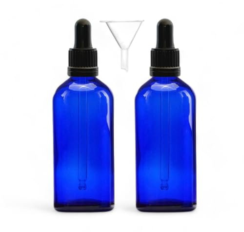AVALON 100ml Blue Glass Dropper Bottles (Pack of 2) with Tamper Resistant Pipette and Funnel - Essential Oils, Massage Oils, and More – Elegant Bottles for Aromatherapy, Natural Remedies and Skincare
