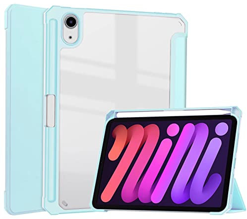 iPad Mini 6 Case with Pencil Holder (2021), iPad 8.3 inch Clear Shell Cover with Translucent Back Corner, Bumper Protector Case, Auto Wake/Sleep (iPad Mini 6 2021, Sky Blue)