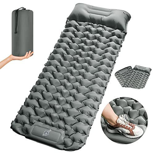 SOPPY 10cm Extra Thick Self-Inflating Camping Mat - Ultralight Waterproof Sleeping Pad with Foot-Activated Pump for Hiking Backpacking, Compact Air Mattress for Outdoor Adventures - Grey