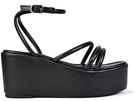 ESSEX GLAM Womens Platform Wedge Heel Sandals Ladies Strappy Black Ankle Strap Shoes Size 7