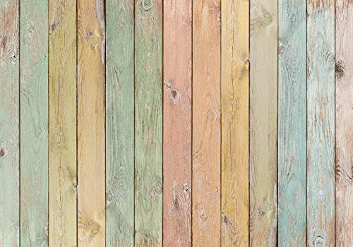 wandmotiv24 Fototapete Holz Wand pastell, 400 x 280 cm - selbstklebende Strukturtapete, Wanddeko, Wandbild, Wandtapete, Brett rosa orange gelb blau M6558