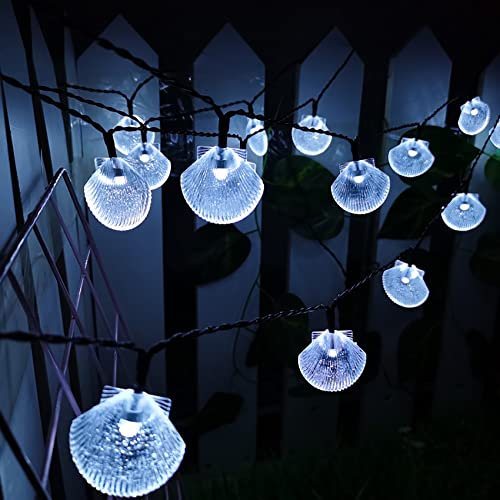 DINOWIN Solar Lichterkette Muscheln 16.4FT 30LED Wasserdicht 8 Modi Muschelkette Schale Lichterkette Deko für Strand Badezimmer Halloween Hochzeit Deko (Weiß)