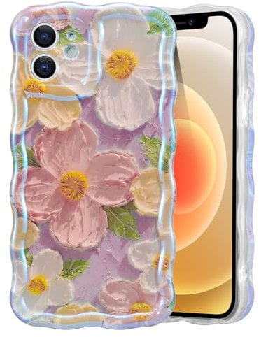 EYZUTAK Case for iPhone 12, Colorful Retro Oil Painting Flower Laser Beam Glossy Pattern Cute Curly Waves Border Exquisite Phone Cover Stylish Durable Soft TPU Protective Case for Girls Women - Pink