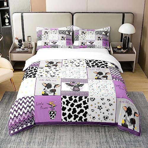 100% Natur Baumwolle Kuhfell Druck Bettbezug 200x200 für Kinder Bauernhaus Nette Cartoon Kuh Bettwäsche Set Lila Plaid Streifen Patchwork Quilt Cover