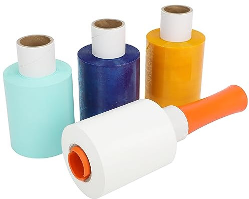 Stretchfolie Wickelfolie, 4er-Pack farbige Packfolien mit 1 Kunststoffgriff, 10cm x 160m industrielle Stärke, selbstklebende Minirolle zum Bewegen, Sortieren, Verpacken, Versenden und Palettenwickeln