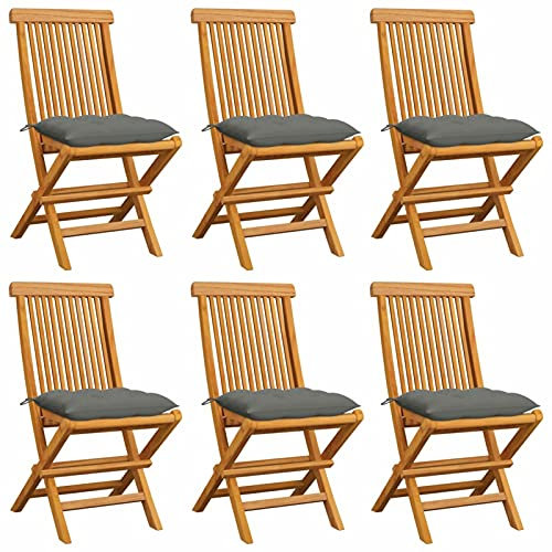 BaraSh Gartenstühle Stapelstuhl Garten mit Grauen Kissen 6 STK. Massivholz Teak Monoblock Stuhl