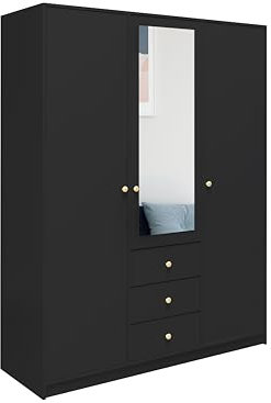 BETTSO-Drehtürenschrank Kleiderschrank mit 3 Türen und 3 Schubladen mit Spiegel und Goldmatte Metallgriffe Pastellfarben Garderobe Dielenschrank Schlafzimmerschrank-Rainbow 150cm (Schwarz)