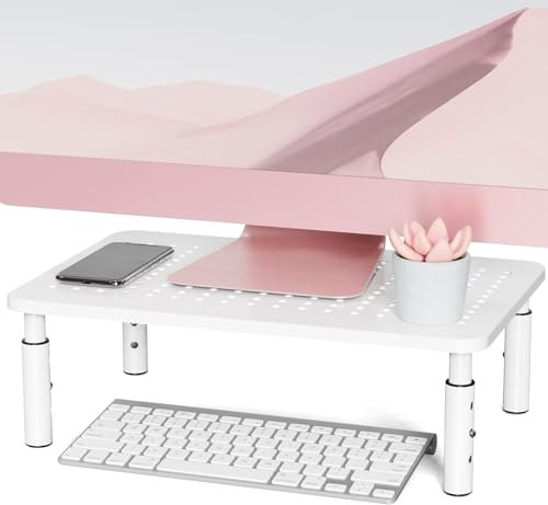 PUTORSEN Supporto Monitor Stand Premium - Supporto Monitor scrivania Supporto da Tavolo in Metallo Regolabile in 3 Altezze per Laptop, Computer, PC, Stampante, Portata 20kg,Bianco