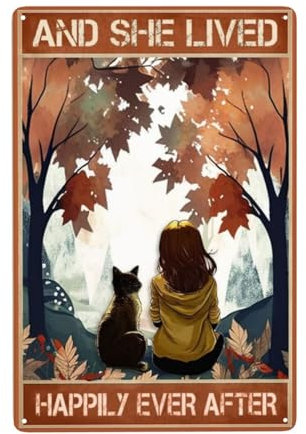 ZHIQUN Metallposter Girl Sitting Under Maple Tree Play Overlook und She Lived Happily Ever After, Metallposter, lustige Katze für Schlafzimmer, Hotel, naturalistische Vintage-Bar, Poster,