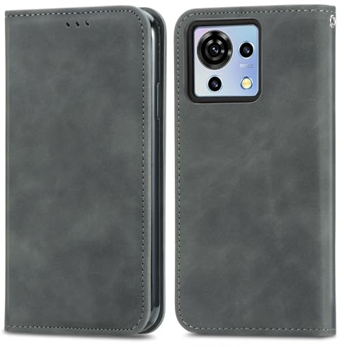 Everainy Kompatibel für ZTE Blade V50 Vita Hülle Silikon Einfarbig Leder Flip Case Cover Tasche Kartenfach Kickstand Klappbar Magnetisch Hüllen Stoßfest Farbe Handyhülle (Grau)