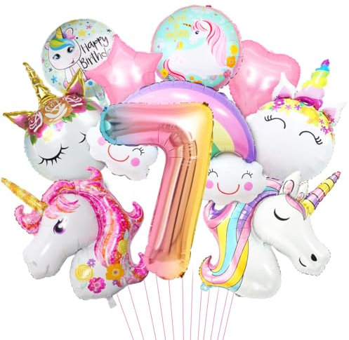Luftballon Einhorn 7, 3D Folienballon Einhorn, Zahl 7 Folienballon, XXL Unicorn Ballon Set, Luftballon Regenbogen Stern Herz, für Mädchen Geburtstags Festival Party Dekoration