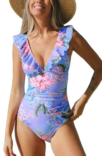 CUPSHE Women's One Piece Swimsuit Ruffled Lace Up Beach Swimwear Tummy Control Bathing Suit Swimming Costume Blue/Pink Floral XS