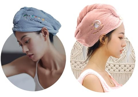 Asciugamani in microfibra con ricamo divertente per capelli lunghi, Turbante per capelli ad asciugatura rapida con bottone, asciugamano assorbente ultra morbido, rosa e blu,2 p