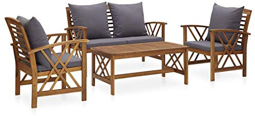 SECOLI Gartenmöbel Set Holz 4 Personen Garten Sitzgruppe 4 Personen Gartengarnitur Set Holz Lounge Set Outdoor Holz Terrassenmöbel Set mit Auflagen Massivholz Akazie-Grau-Bank + 2X Sessel + Tisch-2