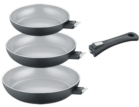 Berndes Pfannen Set b.perfect 3tlg. - Universalpfanne 20 cm, 24 cm & 28 cm abnehmbarer Griff – allherdtauglich - Bratpfanne mit Antihaftbeschichtung –– Aluminium – ohne PFAS