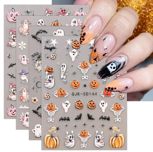 JMEOWIO 3D Embossed Halloween Nail Art Stickers Decals Self-Adhesive 5D Cute Yellow Star Ghost Pumpkin Nail Supplies Nail Art Design Decoration Accessories 4 Sheets