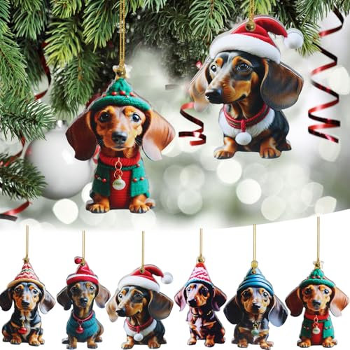 Dackel Weihnachtsbaumschmuck, 6 Stück Weihnachtsanhänger, Weihnachtsbaumschmuck, 2D Acryl Weihnachtsbaum Anhänger, Christbaumschmuck Dackel, Weihnachten Dekoration, Dachshund Weihnachtsbaum Deko