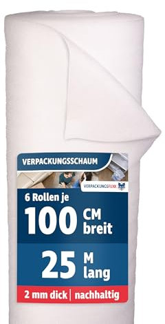 Verpackungsschaum 6 Rollen je 1m x 25m | 150m² Verpackungsmaterial 2mm PE-Schaum | Ideales Füllmaterial für Pakete & Umzugsmaterial als Möbelschutz | Schaumfolie als Polstermaterial