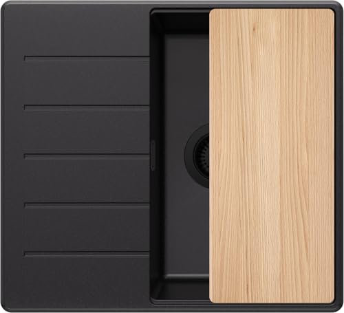 PRIMAGRAN Fregadero Cocina Todo Negro 55x50cm, Granito 1 Seno + Sifón + Tabla de cortar, Sobre encimera al mueble 40cm - Copenhague