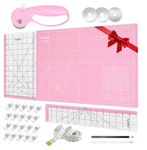 Lya Vinyl Rollschneider für Stoff mit selbstheilender A3-Schneidematte – 45 mm Stoffschneider-Set mit selbstheilender A3-Schneidematte, Acryl-Lineal und Nähklammern, Bastelmesser, ideal zum Basteln,