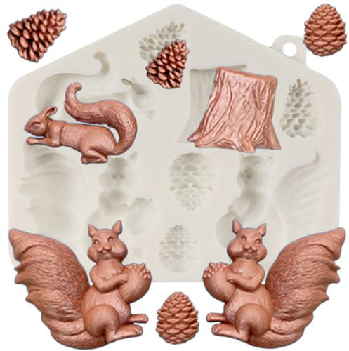 MINFEIDMS Squirrel Silicone Moulds Pine Cone Tree Trunk Fondant Mould Tree Stump Moulds for Cake Decoration Cupcake Topper Chocolate Candy Gum Paste Polymer Clay